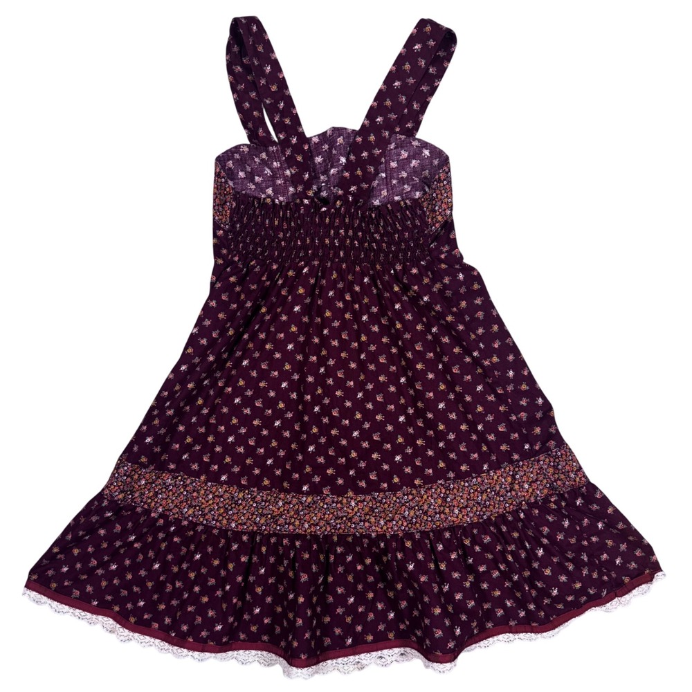 Vtg Sears Roebuck Prairie Dress Girls 12.5 Burgundy Floral Corset Lace Boho Folk - Picture 5 of 10